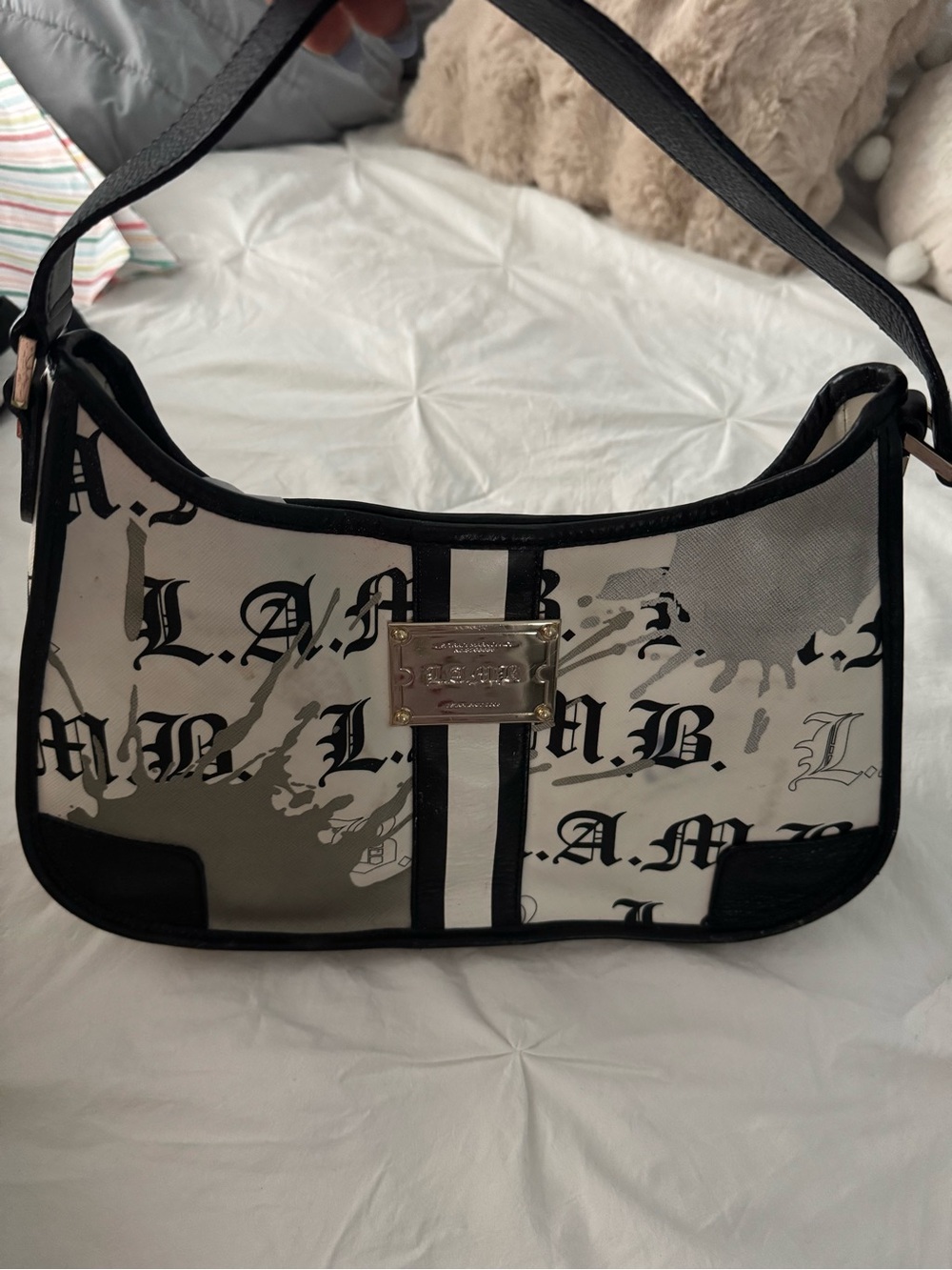 L.A.M.B. Black and White Logo Graphic Shoulder Bag